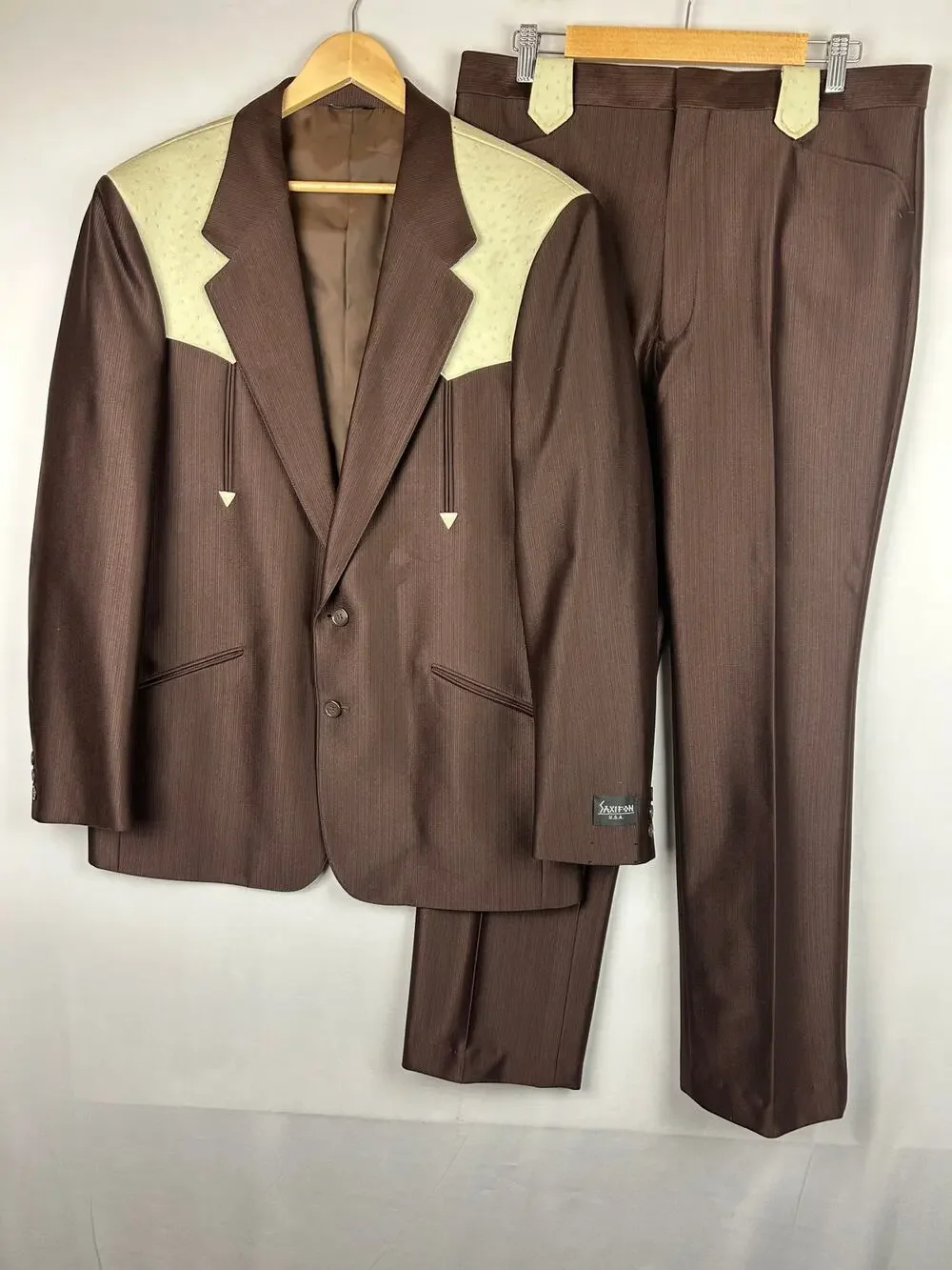 Saxifon Western Faux Ostrich Leather Suit Jacket Pants Brown/Ivory Men's 42/36